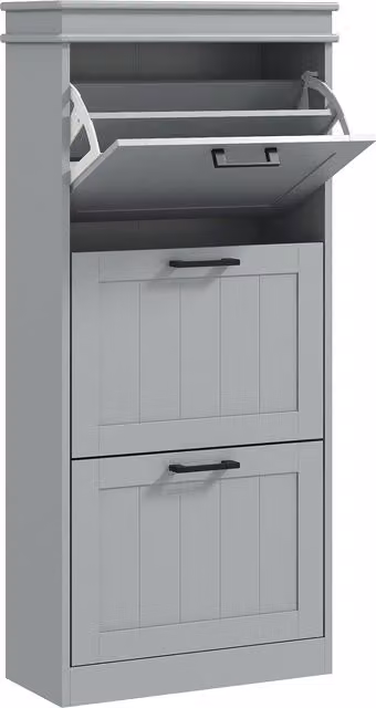 HOMCOM Minimalist Grey Lacquered Shoe Cabinet with Tilting Compartments and Internal Shelves, H 117.5 x W 54.0 x D 17.9 cm – 1