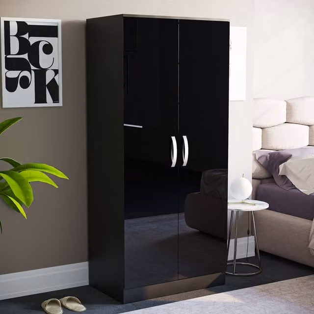 Hulio 2 Door Glossy Black Wardrobe with Mirror