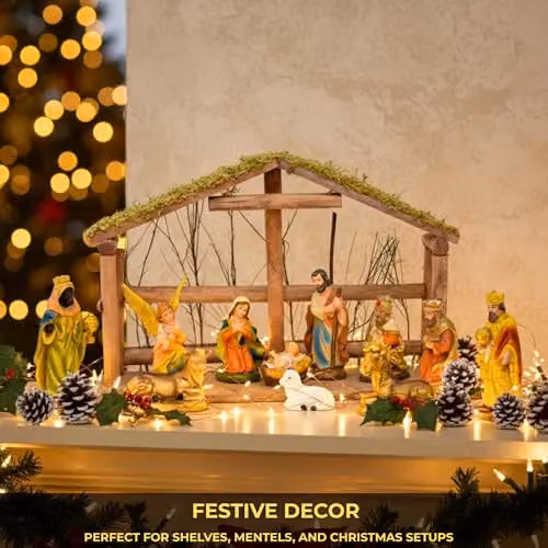 Shatchi Large Handmade Nativity Scene with Wooden Stable and 12-Piece Figurine Set in Brown and Multicolour – 5