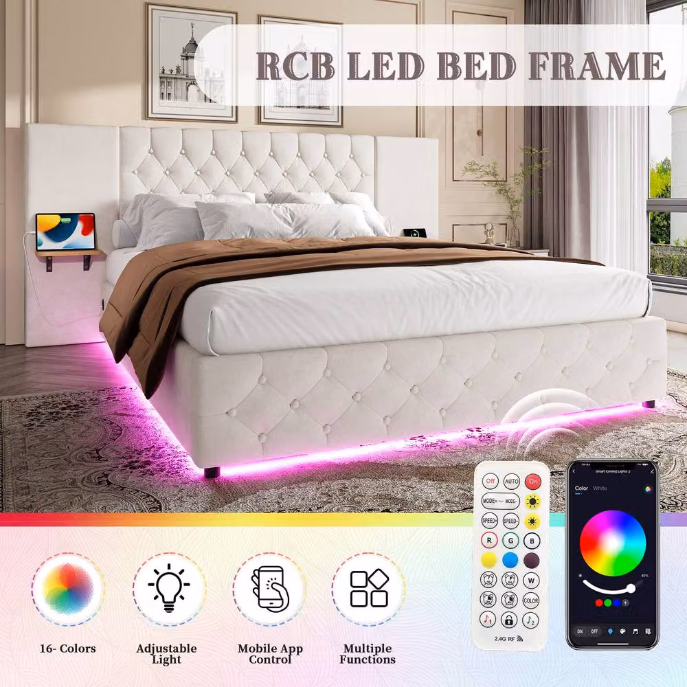 Matteo Modern Upholstered Velvet Bed Frame in Beige with LED Lighting, USB Charging Port and Lift-Up Storage, W: 140 cm, L: 200 cm – 5