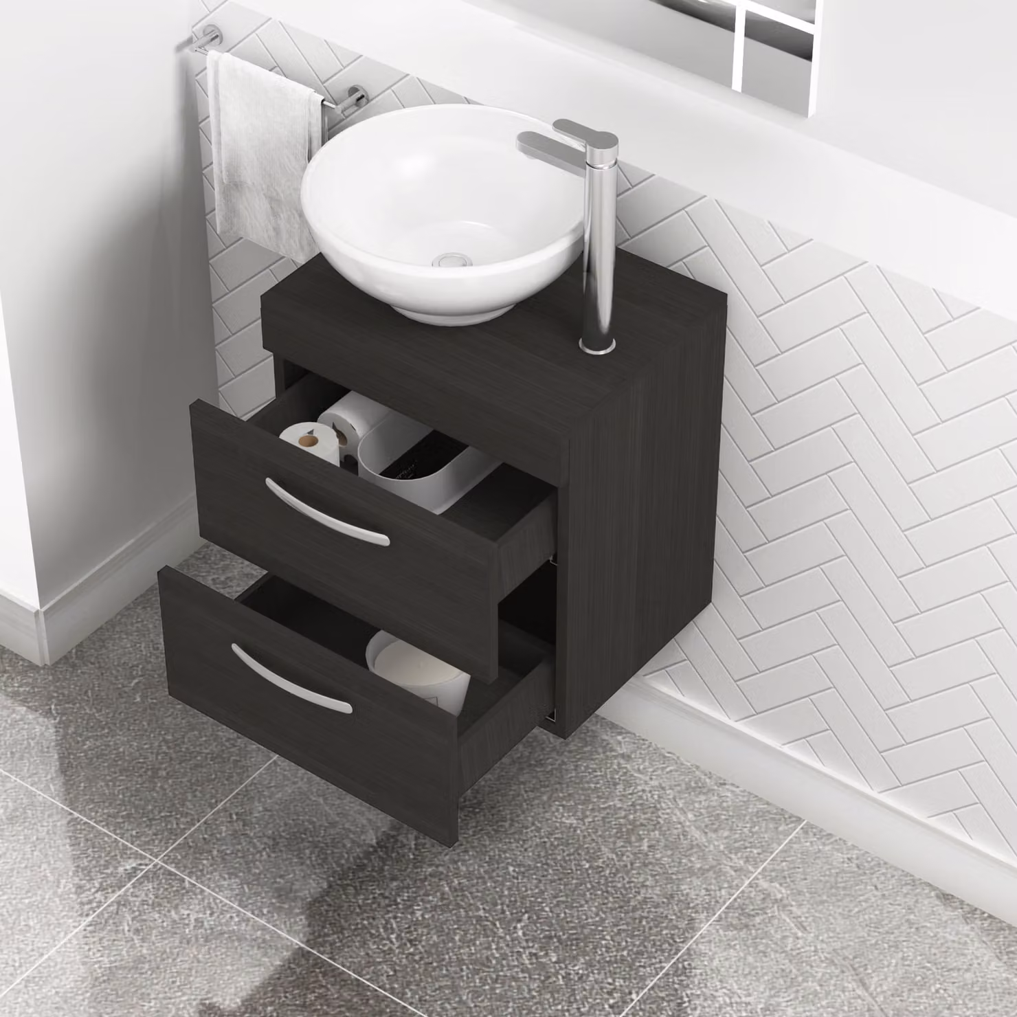 Royal Bathrooms Hale Wall Hung Vanity Unit with 2 Drawers and Breeze Countertop Basin, Black, Width: 50 cm