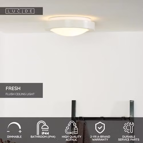 Lucide Fresh Modern Dimmable Round Flush Ceiling Light for Bathrooms, White, Diameter: 27 cm, E27, IP44 – 2