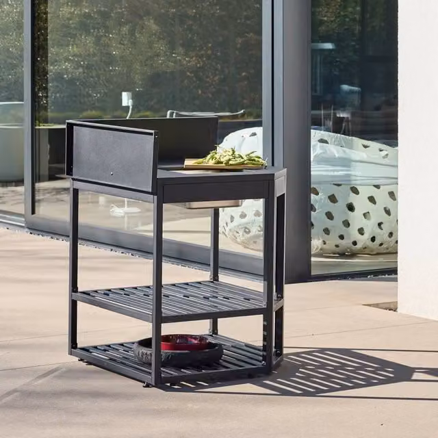sweeek Modern Outdoor Kitchen Corner Module in Black Steel with Ice Bucket and Wooden Board