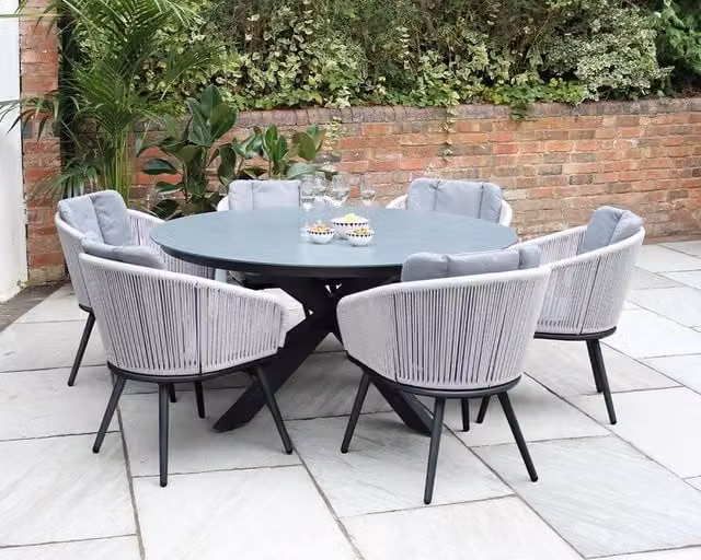 Royalcraft ASPEN 150cm Round Grey Ceramic Top Dining Set with 6 Rope Chairs