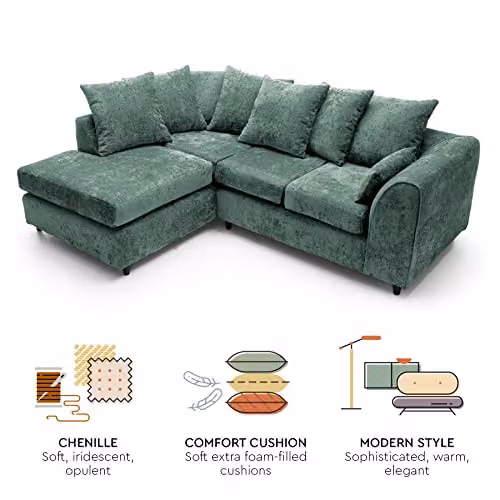 Abakus Direct Harriet Left Facing Corner Sofa in Green Crushed Chenille Fabric – 6