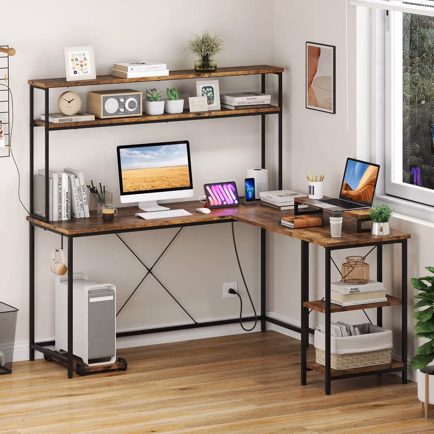 Costway L-Shaped Reversible Corner Gaming Desk with LED Strip in Brown – 5