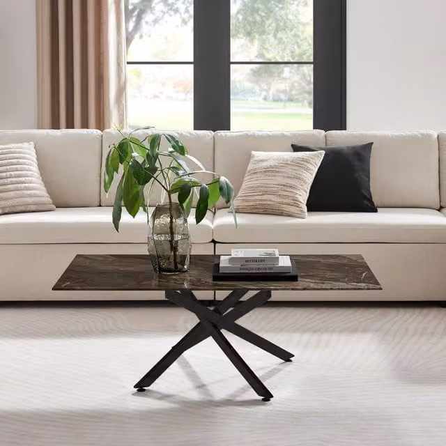 FurnitureboxUK Leonardo Rectangular Marble Effect Glass Top Coffee Table with Black Metal Starburst Legs in Grey