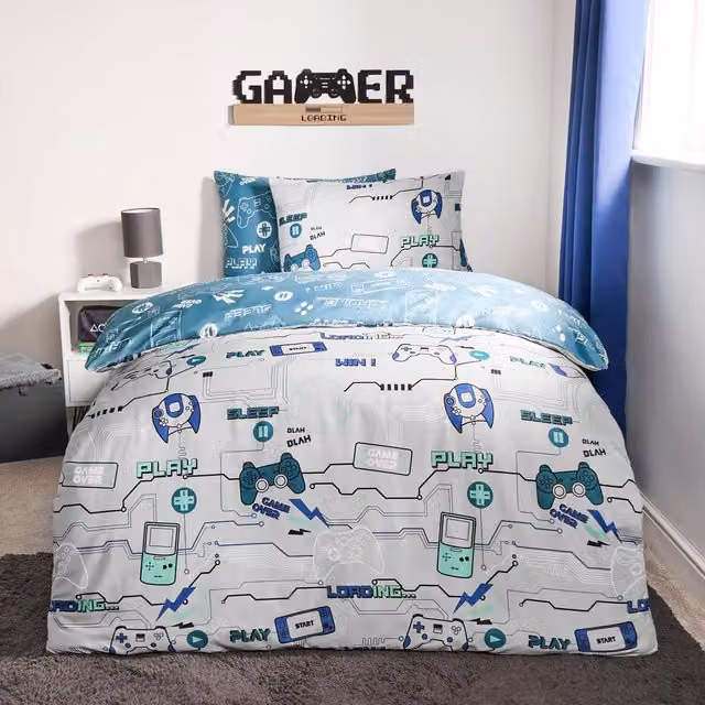 OHS Reversible Graphic Gaming Duvet Cover Set in Grey and Blue, W/D/H: 140 x 200 cm