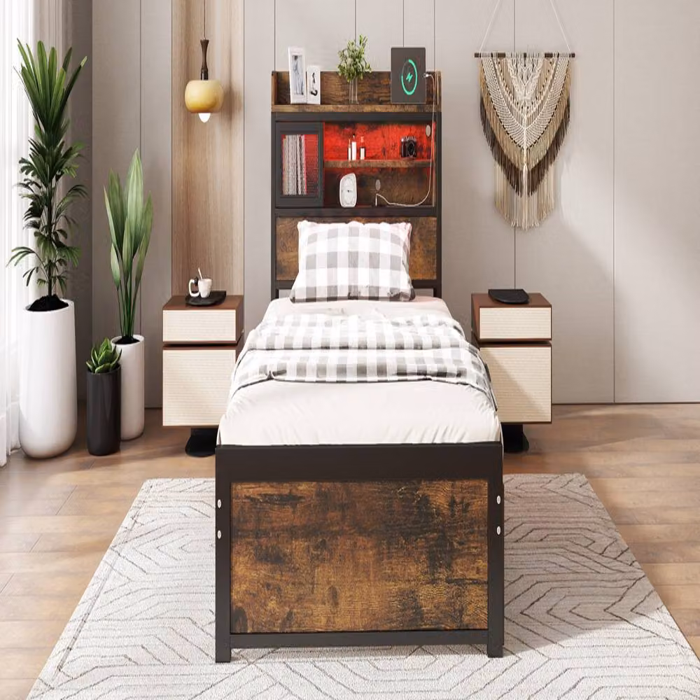 Rolipo Single Metal Bed Frame in Black with LED Lights, USB Charging Port and 2 Storage Drawers, W/D/H: 90 x 190 cm – 6