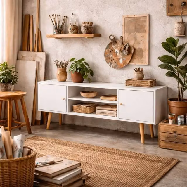 Wyld Haus Vido White TV Cabinet with Open Shelves and Wooden Legs, W: 120 cm, H: 52 cm, D: 34 cm