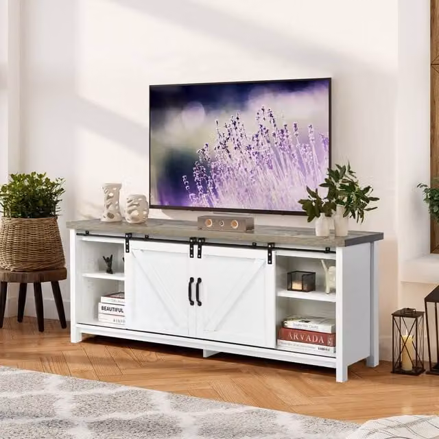 Costway Modern White Wooden TV Cabinet and Media Storage Organiser Stand for 60-Inch TVs – 1