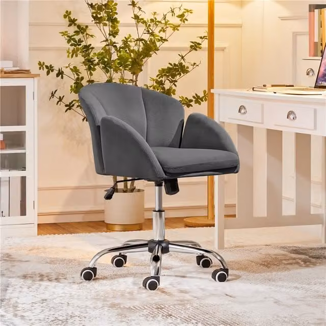 Yaheetech Modern Grey Velvet Swivel Task Chair with Armrests for Home Office
