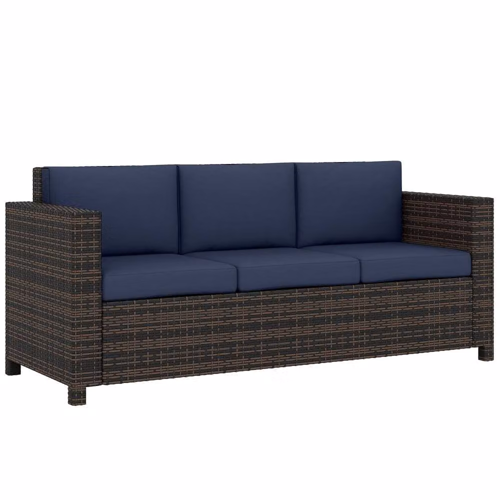 OUTSUNNY 3-Seater Rattan Wicker Sofa with Upholstered Cushions in Dark Blue – 2
