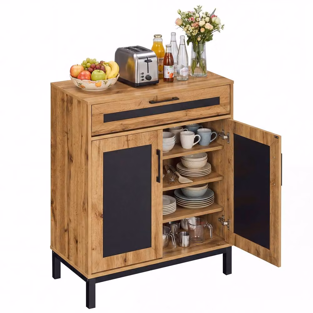 Costway Modern 2-Door Buffet Sideboard Cabinet with Drawer and 3 Removable Shelves in Natural Wood – 7