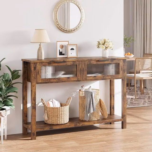 London Boutique Slim 2-Tier Console Table with Drawers in Brown