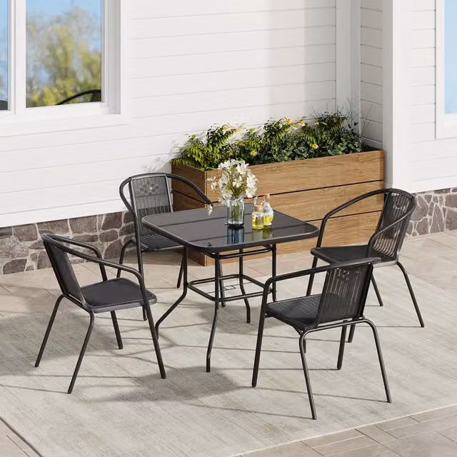 Komore Black Rattan Garden Table Set with Square Tempered Glass Top and 4 Chairs