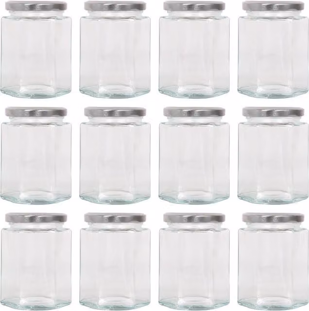 Argon Tableware Hexagonal Glass Jam Jars with Silver Screw-Top Metal Lids, 250ml, Pack of 12