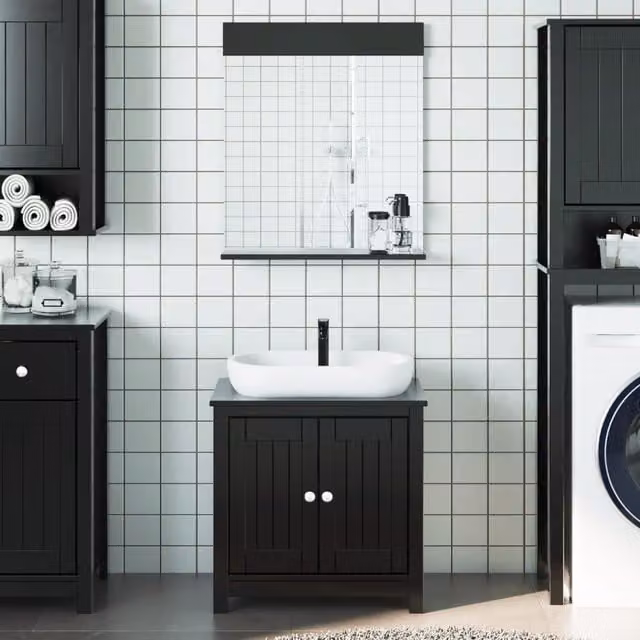 Berkfield Home 2 Piece Black Solid Pine Bathroom Furniture Set with Vanity Unit and Mirror Cabinet – 1