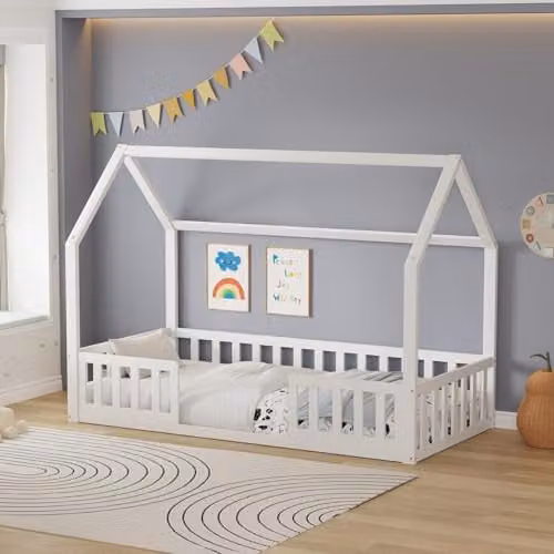 WestWood White Solid Pine Wood House Shaped Montessori Toddler Floor Bed Frame with Split Guard Rails, 90 x 190 cm