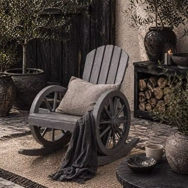Wyld Haus Elna Grey Fir Wood Adirondack Style Outdoor Rocking Armchair