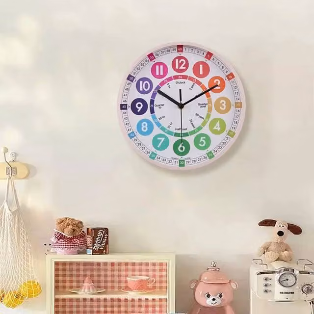 EONLION Pink Round Silent Learning Clock for Children, Diameter: 25 cm