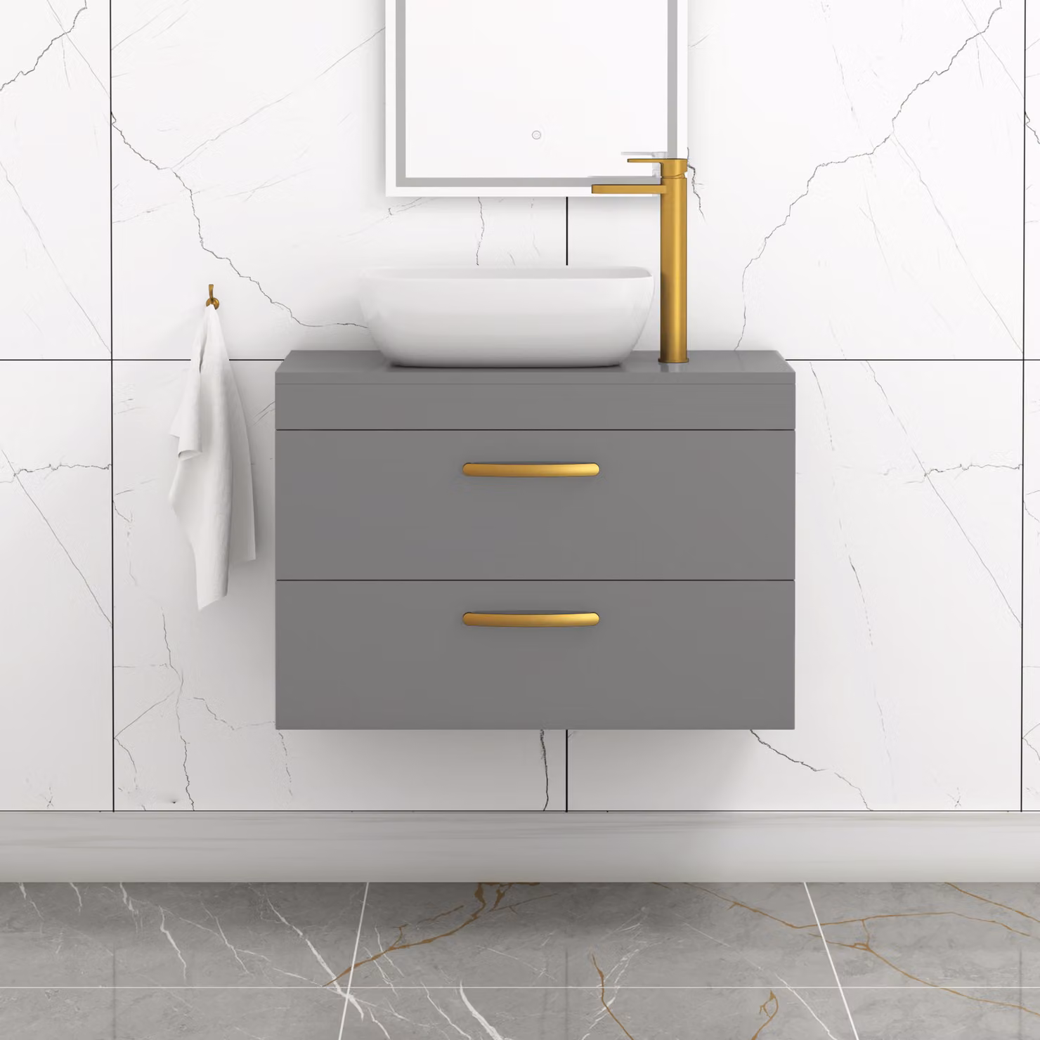 Royal Bathrooms 800mm Wall Hung Vanity Unit with 2 Drawers in Indigo Grey Gloss and Elva Countertop Basin with Brushed Brass Handle
