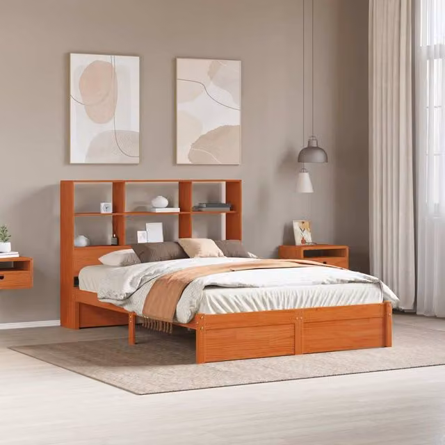 Berkfield Home Solid Wood Bed Frame with Storage Headboard and Side Compartments, Wax Brown, W/D/H: 140 x 190 cm