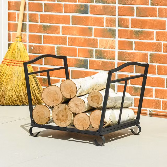 Outsunny Firewood Log Rack with Scrolls, Black Metal