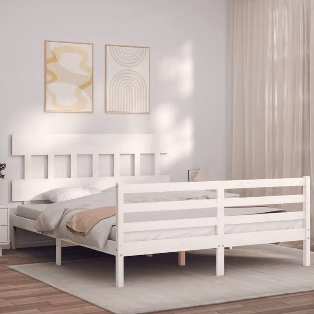 Berkfield Home White Solid Pine Wood Bed Frame with Headboard W/D/H: 160 x 200 cm – 1