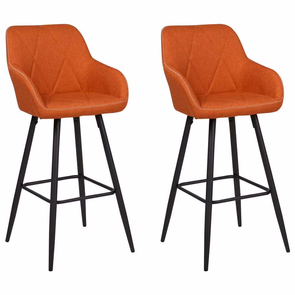 Wyld and Coco Signature Set of 2 Orange Quilted Fabric Bar Stools with Armrests and Powder Coated Metal Frame – 2