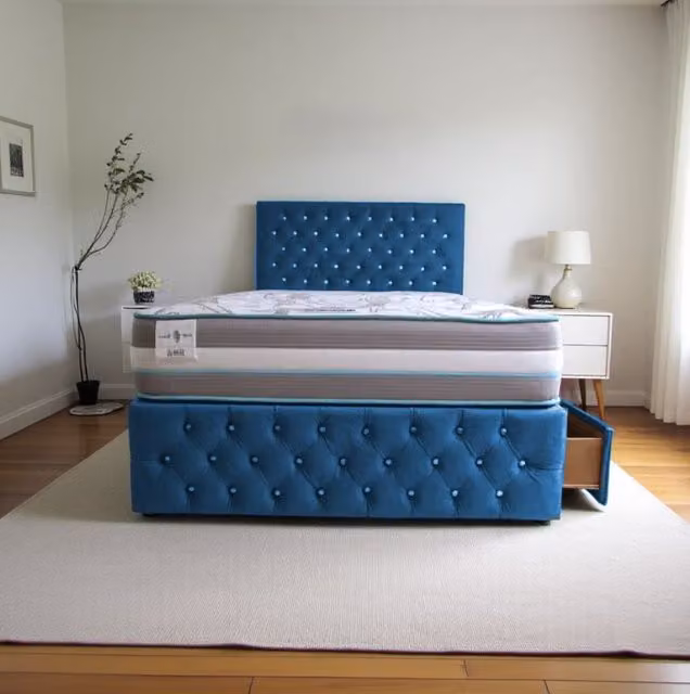 Knight Sleep Delaware Plush Small Double Bed with Hybrid Mattress, Headboard and 2 Drawers in Navy Blue – 1
