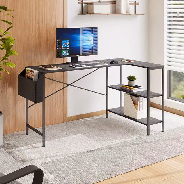 Livingandhome Modern L-Shaped Corner Office Desk in Black with Metal Frame