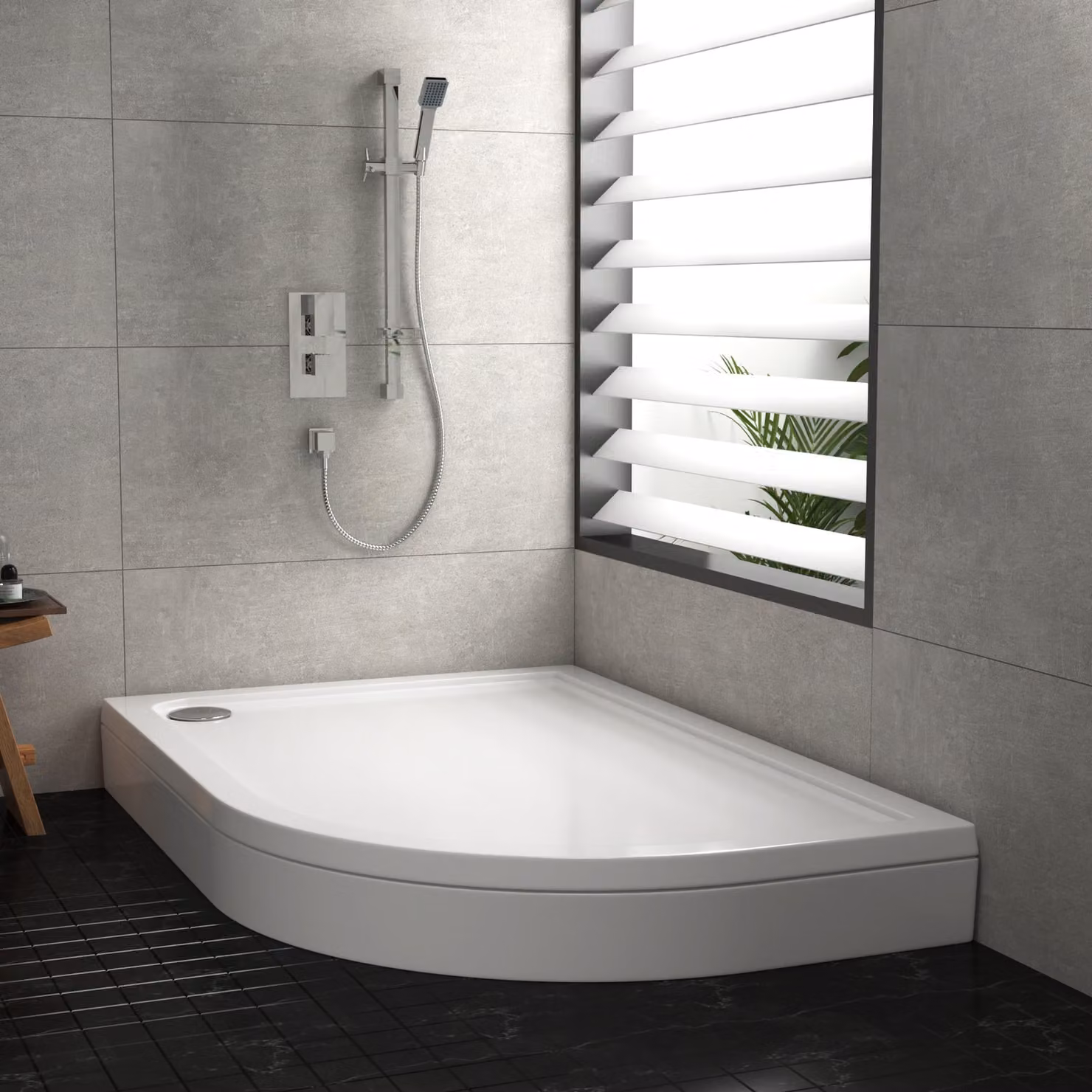 Hudson Reed Pearlstone Right Handed Offset Corner Shower Tray in White with Riser Kit, W: 90 cm, D: 76 cm, H: 10 cm