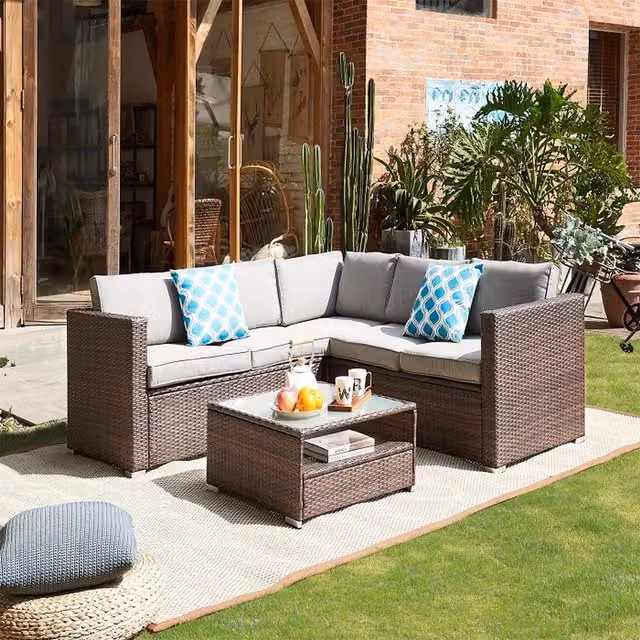 GRS Nia Brown 4-Piece Rattan Corner Sofa Set with Grey Cushions