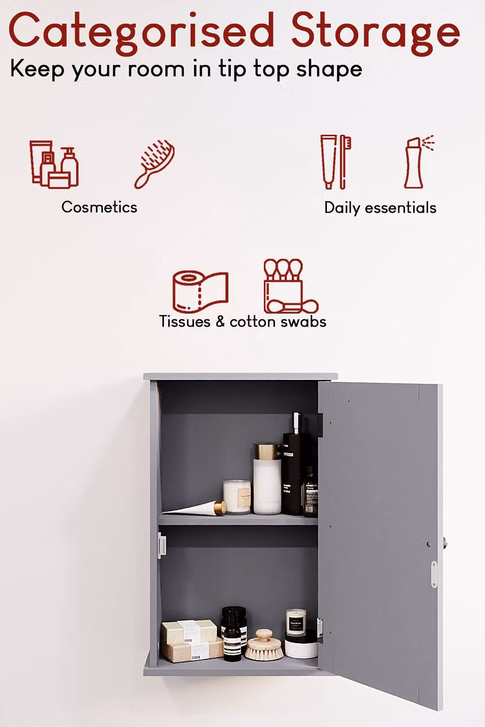 HD Designs Priano Modern Wall Mounted 1 Door Bathroom Cabinet with Internal Shelves in Matt Grey – 3