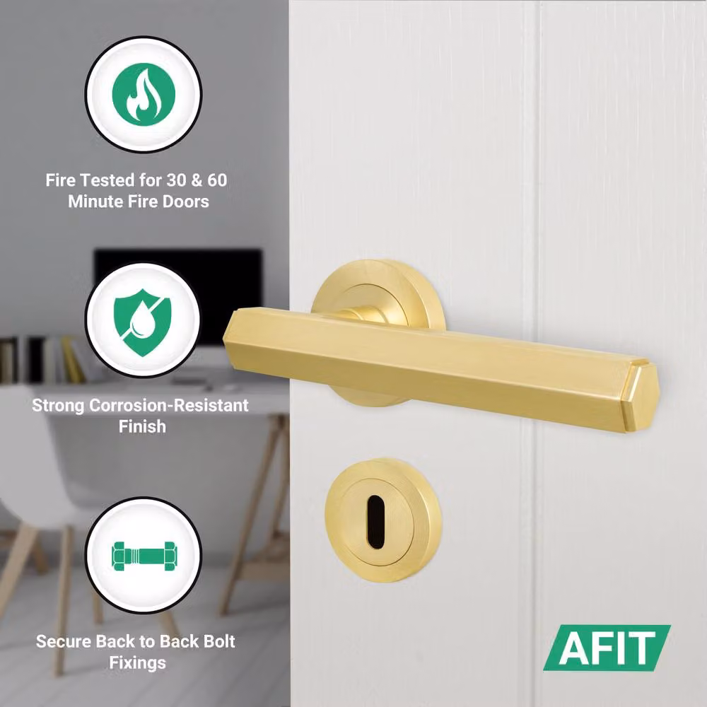 AFIT Satin Brass Fire Door Handle Key Lock Set with Gold Hinges and Screws, W/D/H: 15 x 15 cm – 2