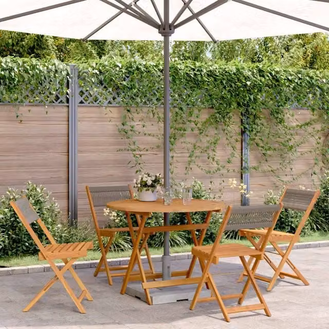 Berkfield Home 5 Piece Grey Garden Dining Set with Round Acacia Wood Table and Polypropylene Chairs – 1