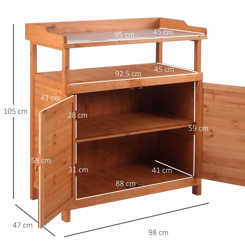 Outsunny 2-in-1 Potting Bench Table with Storage Cabinet and Galvanised Steel Top, Orange – 3