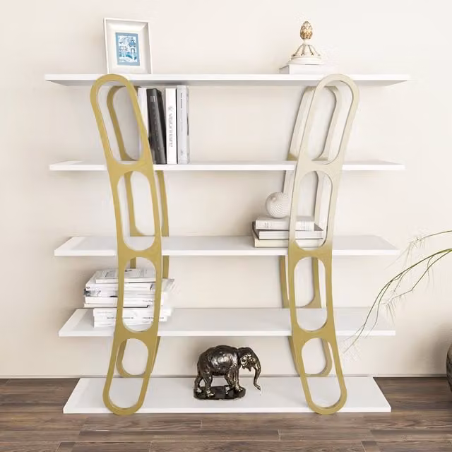 Adar 5-Tier Modern Freestanding Bookshelf in White and Gold, W/D/H: 120 x 25 x 120 cm