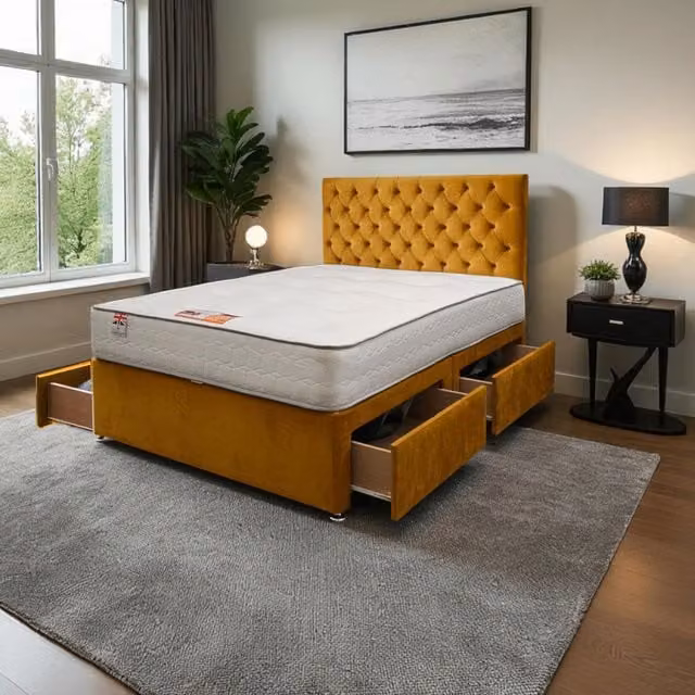 Knight Sleep Athens Plush Bed Set with Mattress and 24 inch Headboard in Yellow, Double, W/D/H: 140 x 200 cm
