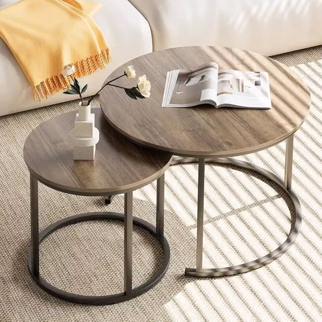 Huhote Set of 2 Round Nesting Coffee Tables with Oak Tops and Black Metal Frames in Light Brown