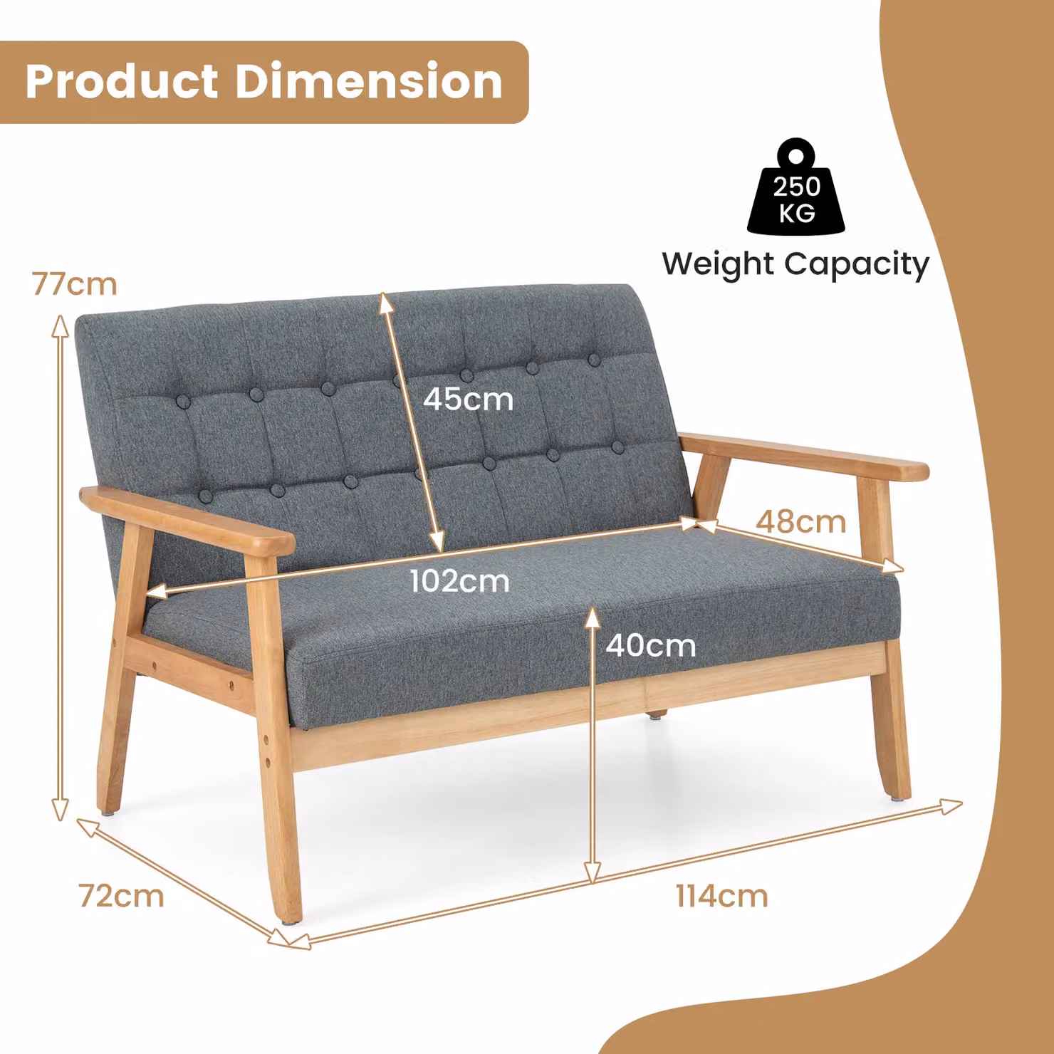 Gymax Grey Linen 2-Seater Loveseat Sofa with Tufted Design and Solid Wood Frame – 2
