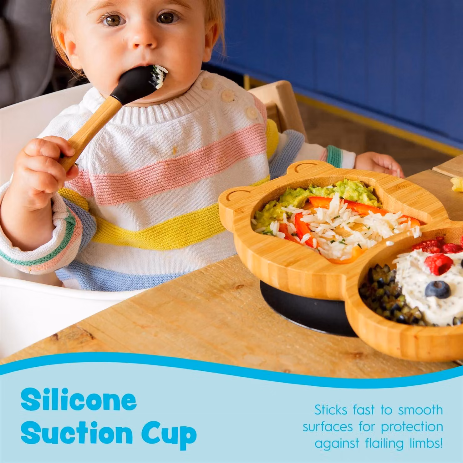 Tiny Dining 3pc Penguin Bamboo and Silicone Suction Feeding Set in Blue – 3