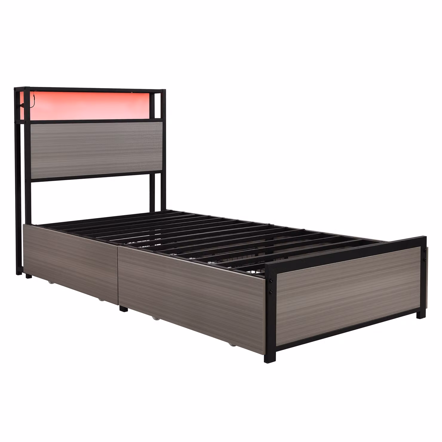 Aosom.UK Metal Single Bed in Grey with LED Light Strip, 4 Drawers and 3 USB Ports, W/D/H: 90.5 x 207 x 105 cm – 2