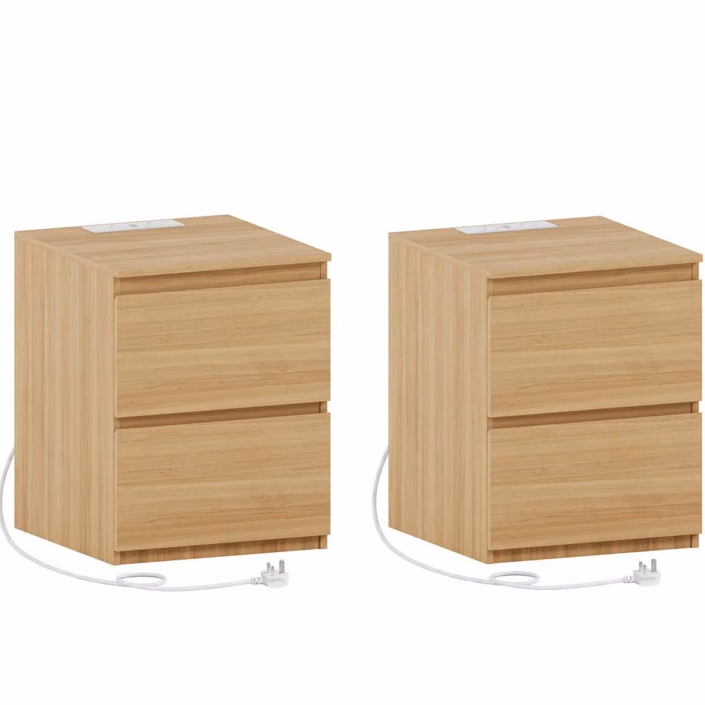 Vida Designs Denver 2 Drawer Large Bedside Chest with Power Outlet, Set of 2, Natural – 2