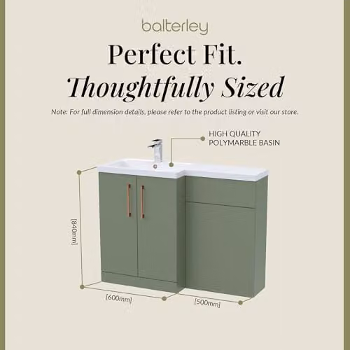 Balterley Corner L-Shaped Vanity Unit and WC Unit with L-Shaped Basin and Worktop, Green, Floor Standing with 2 Soft Close Doors and Copper D Shape Handles – 2