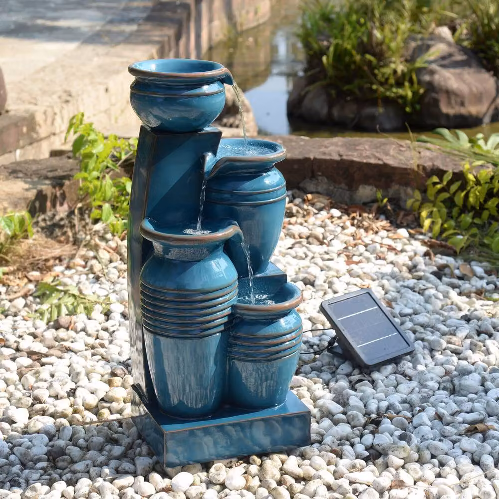 Teamson Home Solar Outdoor Cascade Water Fountain with LED Lights in Blue and Brown, Height: 73 cm – 4