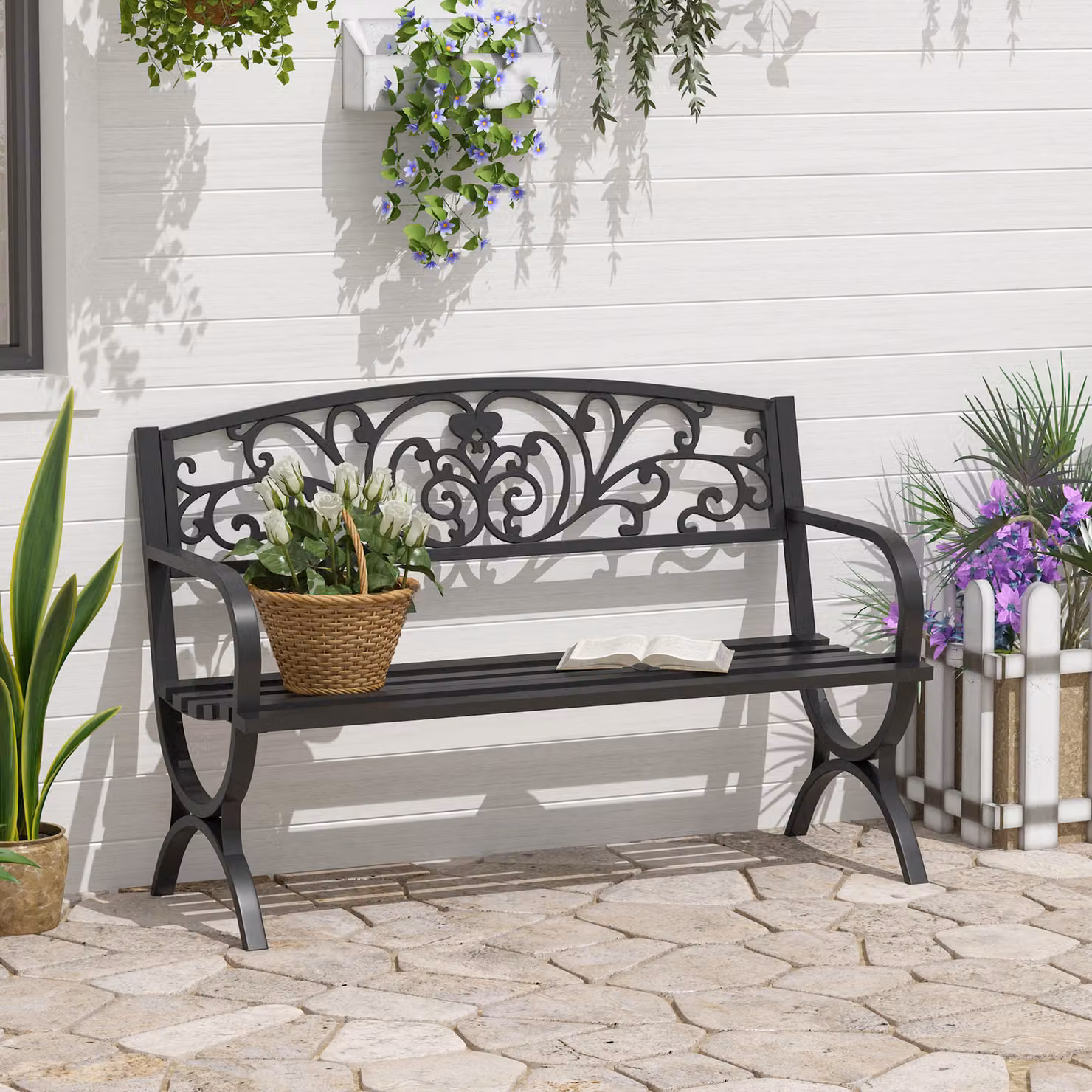 Outsunny 2-Seater Metal Garden Bench in Black – 2