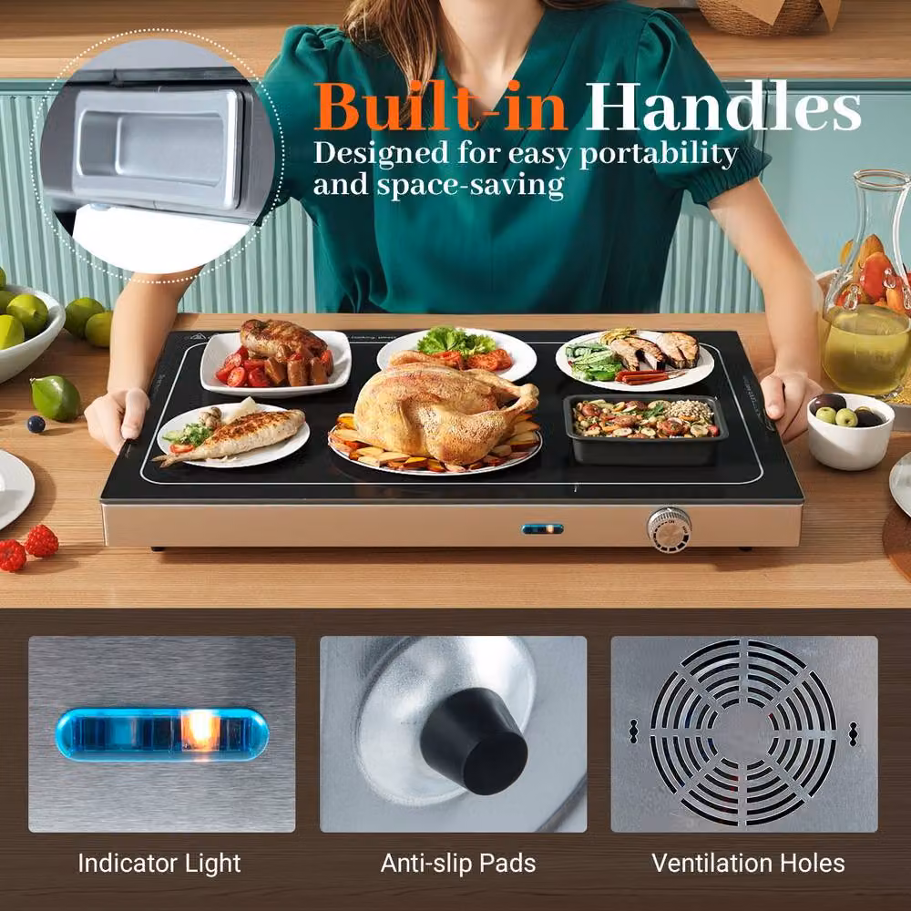 Costway 300W Electric Warming Tray with Adjustable Temperature and Handle, Black – 7