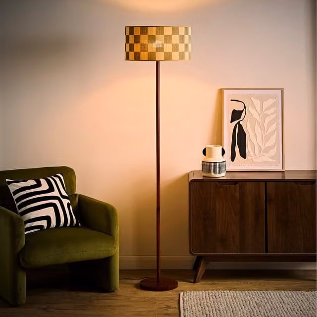 ValueLights Heather Dark Wood Floor Lamp with Multicolour Green Bamboo Drum Shade